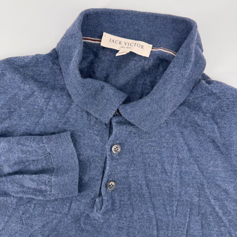 Jack Victor Polo Sweater Mens Large Blue Wool Silk Cashmere Long Sleeve Collared